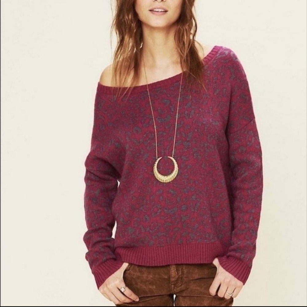Free People Cool Cat Sweater Purple Leopard Print Oversized Wool Blend XS